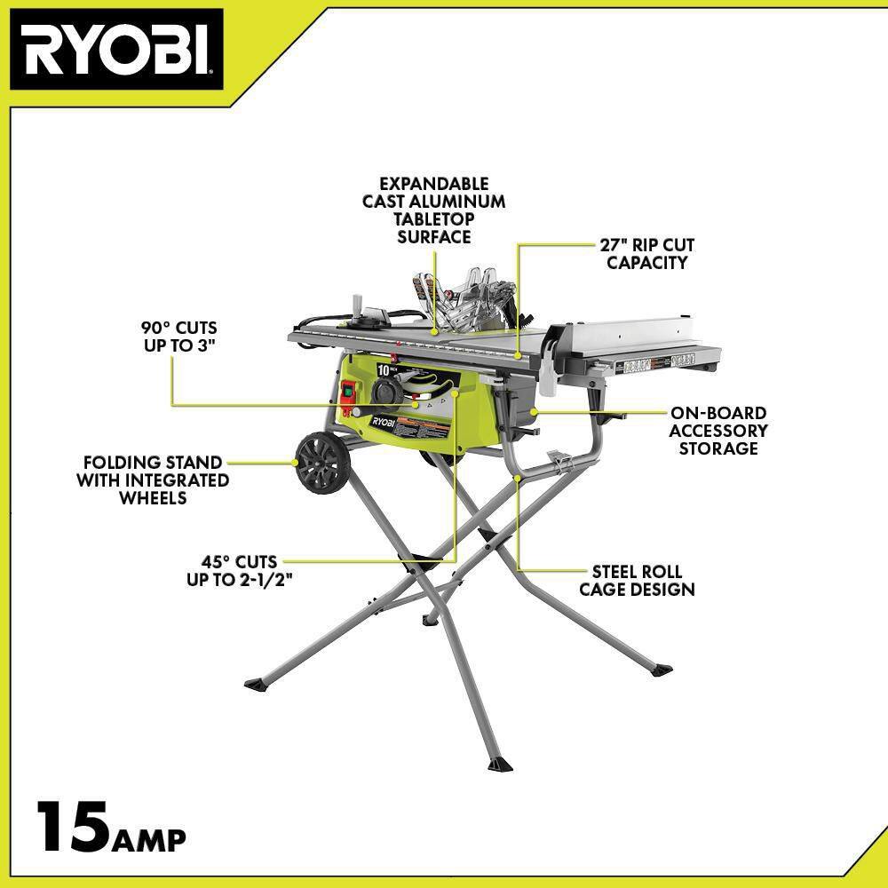 RYOBI 15 Amp 10 in. Expanded Capacity Portable Corded Table Saw With Rolling Stand RTS23