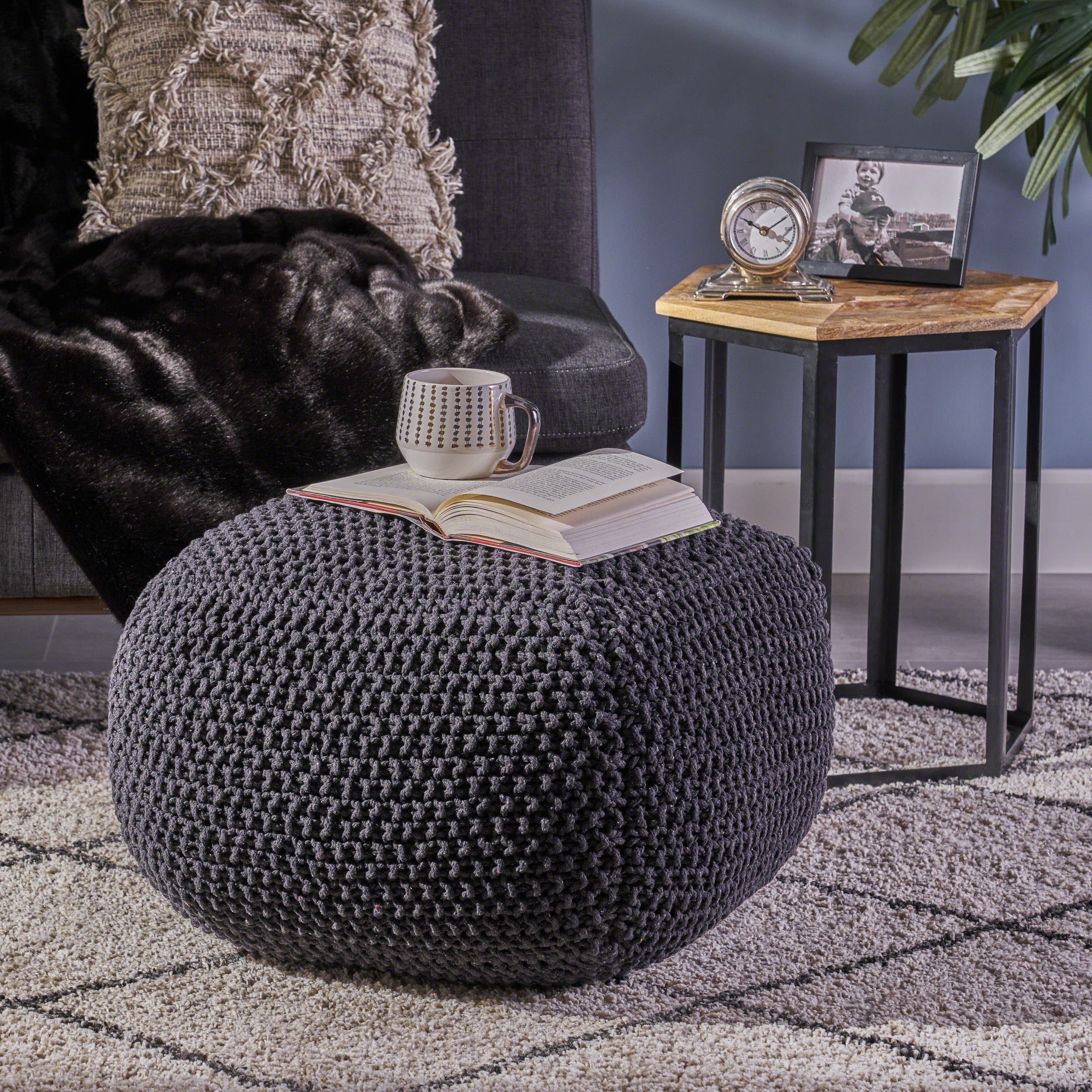 Joyce Knitted Cotton Square Pouf, Dark Grey