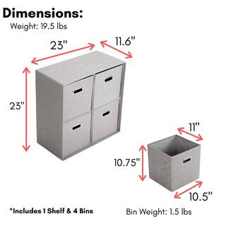 BirdRock Home 23 in. H x 11.6 in. W x 23 in. D Grey Linen Fabric 4 Cube Organizer Shelf with Storage Bins 11244