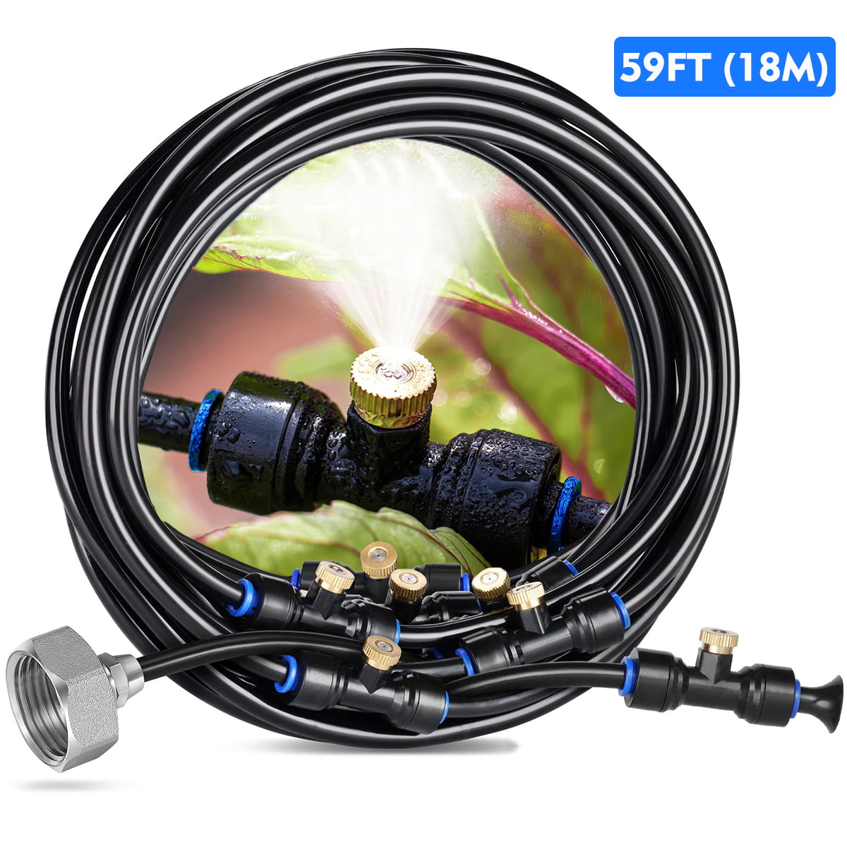 Misting Cooling System，ZPL 59FT (18M) Misting System for Outside Patio With 59FT Misting Line + 26 Brass Mist Nozzles， Outdoor Mister for Garden Greenhouse Trampoline Waterpark