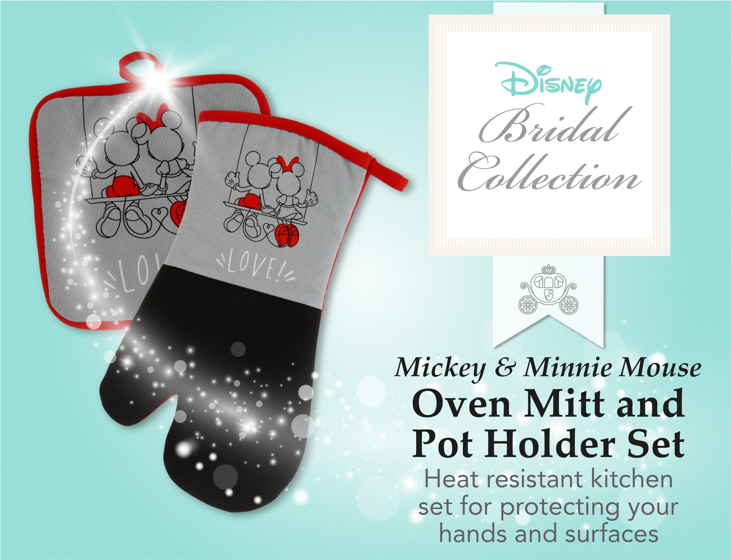 Disney Kitchen Neoprene Oven Mitt and Potholder Set with Hanging Loop - Non-Slip Heat Resistant Kitchen Accessories with Premium Insulation Ideal for Handling Hot Kitchenware - Mickey and Minnie Swing