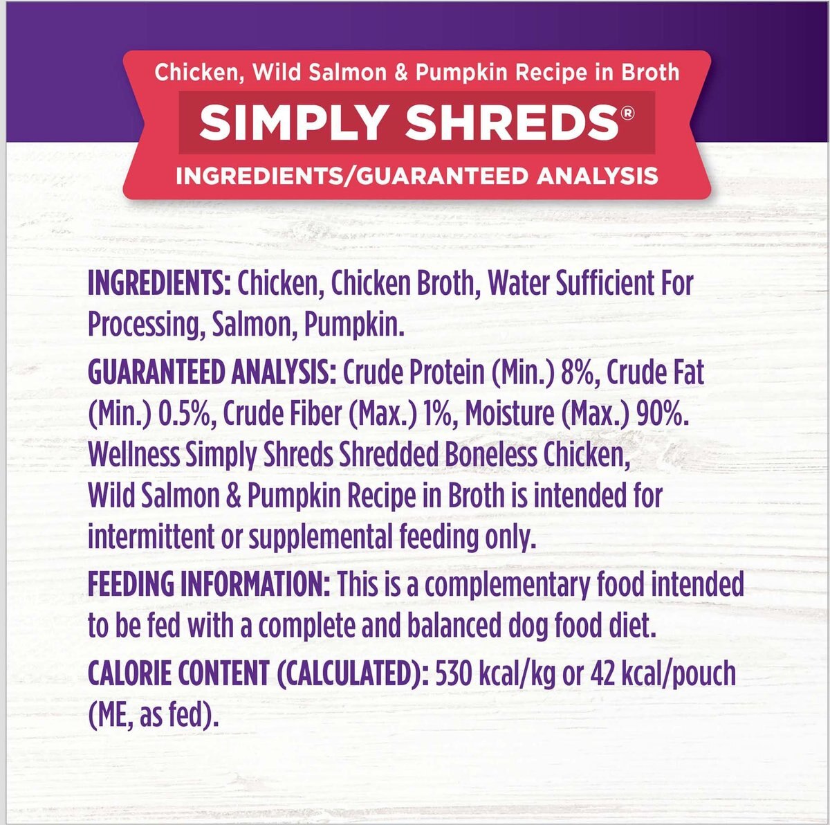 Wellness Bowl Boosters Simply Shreds Chicken， Salmon and Pumpkin Natural Grain Free Wet Dog Food Mixer or Topper， 2.8-oz pouch， case of 12