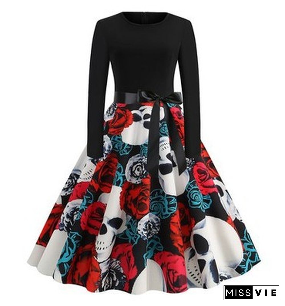 Halloween Print Stitching Long-Sleeved Big Dress