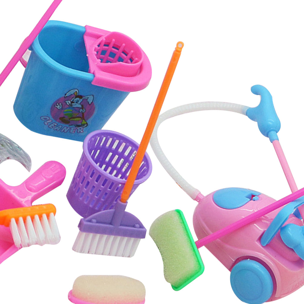 Rinhoo 9pcs/set Mini Pretend Play Mop Broom Toys Cute Kids Cleaning Furniture Tools Kit House Clean Toys Color Random