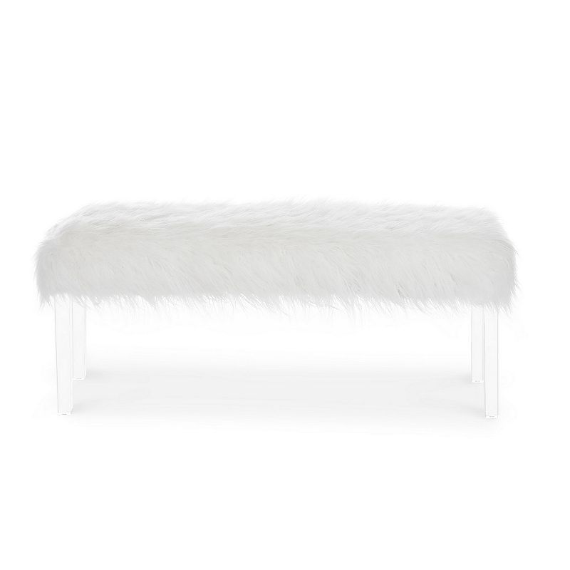 49 Inch Faux Fur Bench with Acrylic Clear Legs， White