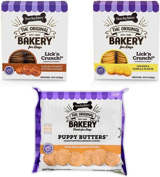 Three Dog Bakery Sandwich Cookie Variety Pack Dog Treats， 37.8-oz pack