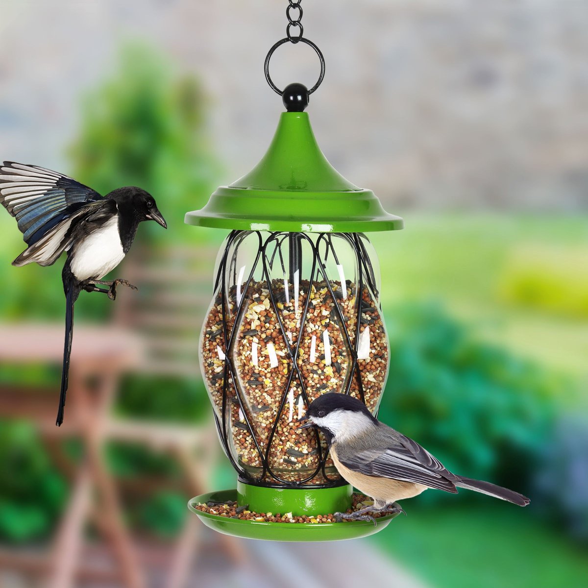 Exhart Celadon Metal Wire and Glass Bird Feeder， Green