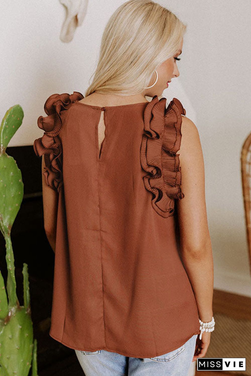 Brown Ruffles Armhole Tank Top