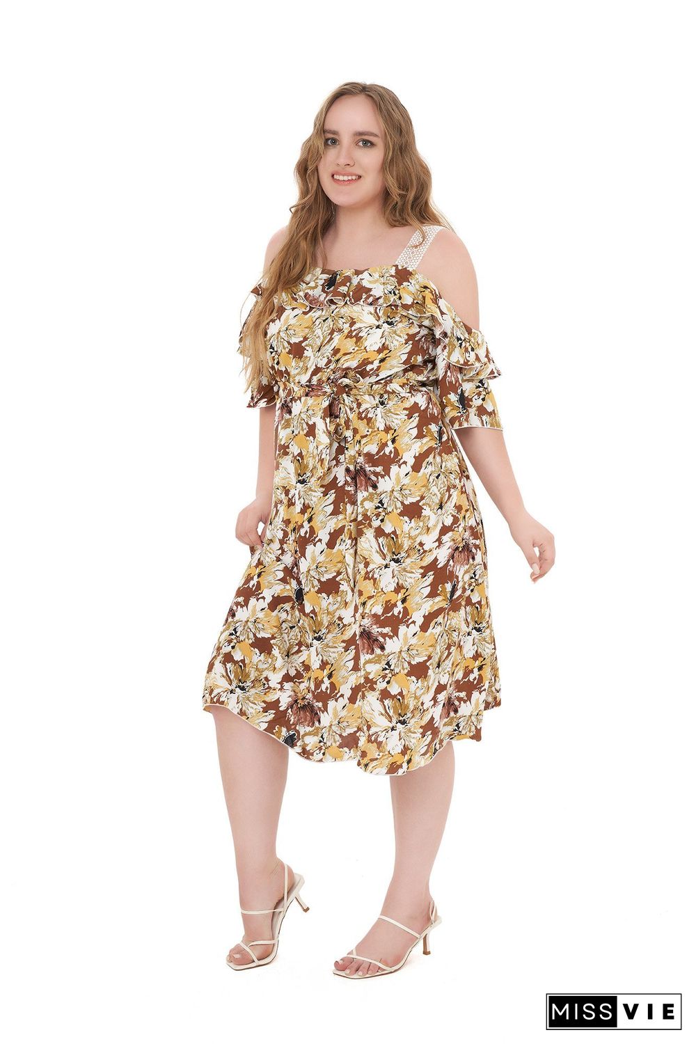 Floral Print Off-shoulder Midi Dress P11885