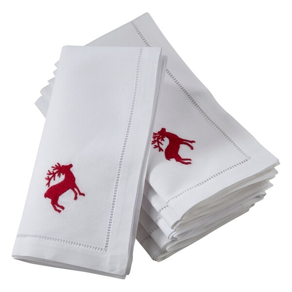 Hemstitch Napkins With Embroidered Red Reindeer Design