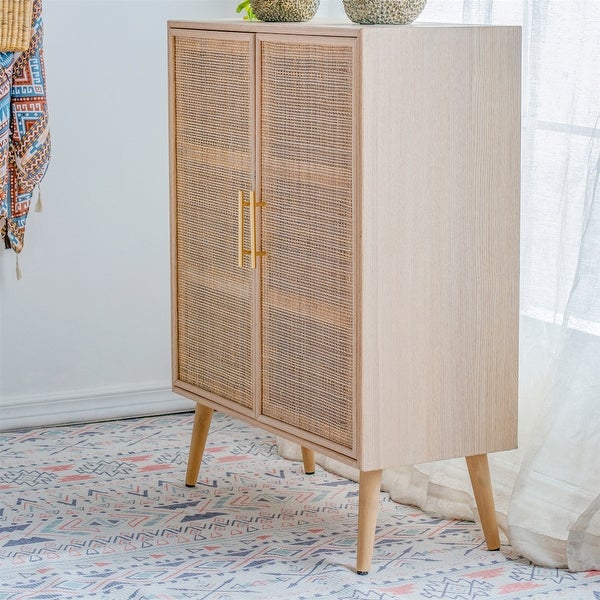 Multipurpose Storage Cabinet Dresser with Two Natural Rattan Door - - 37834892