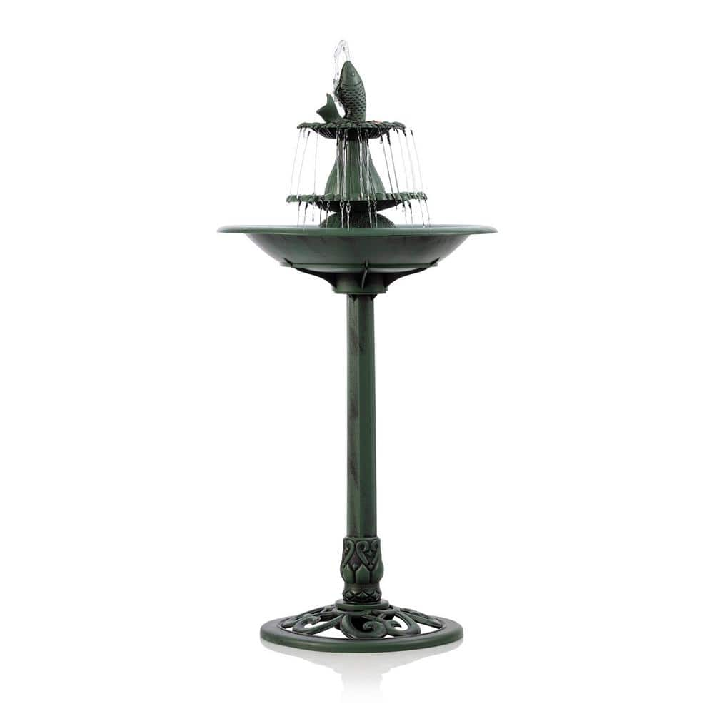 Alpine Corporation 40 in. Tall Outdoor 3-Tiered Pedestal Water Birdbath with Fish Design Floor Fountain, Green TEC104