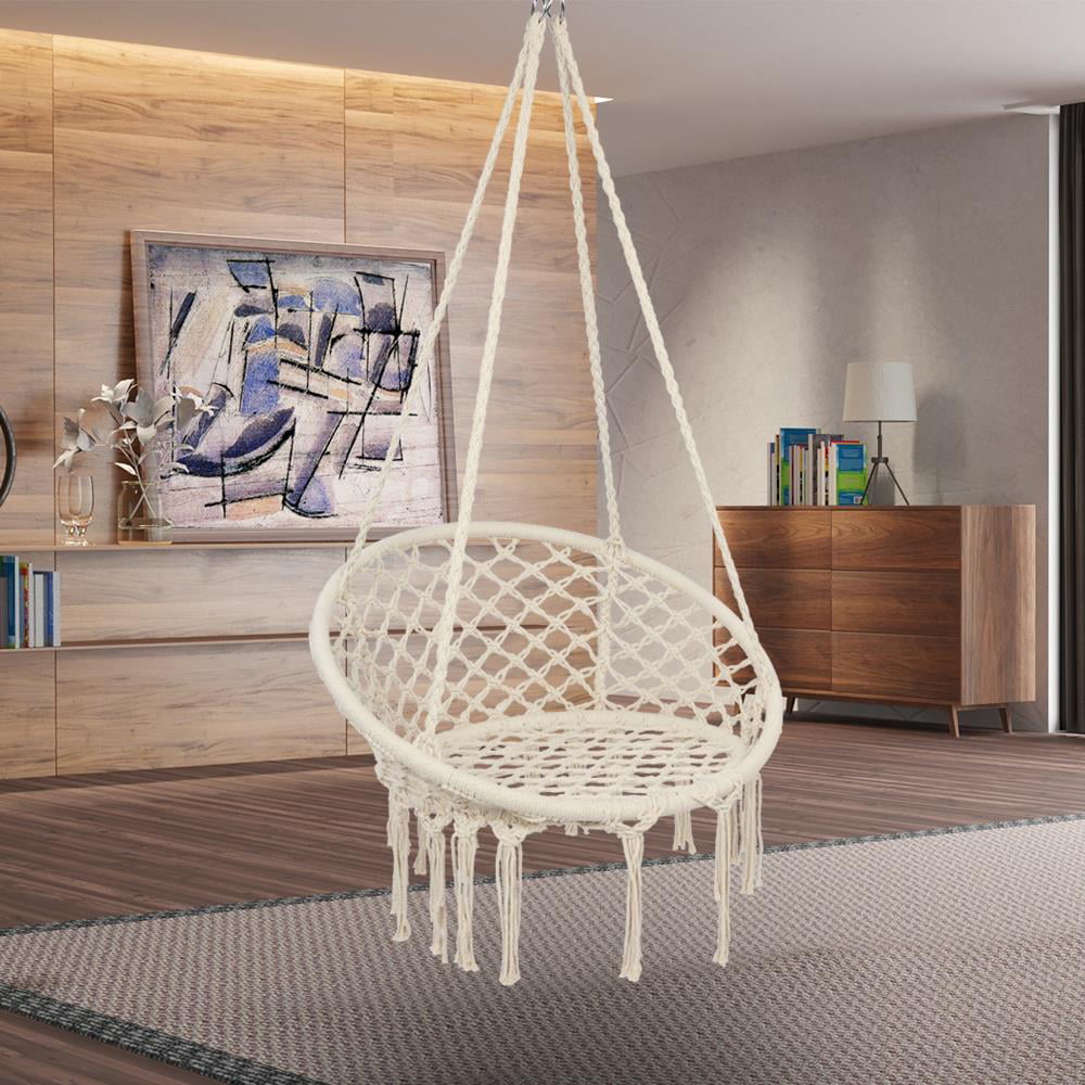 Zimtown Boho Style Rattan Chair Hanging Hammock Swing Chairs for Indoor/Outdoor, Beige, Iron Ring