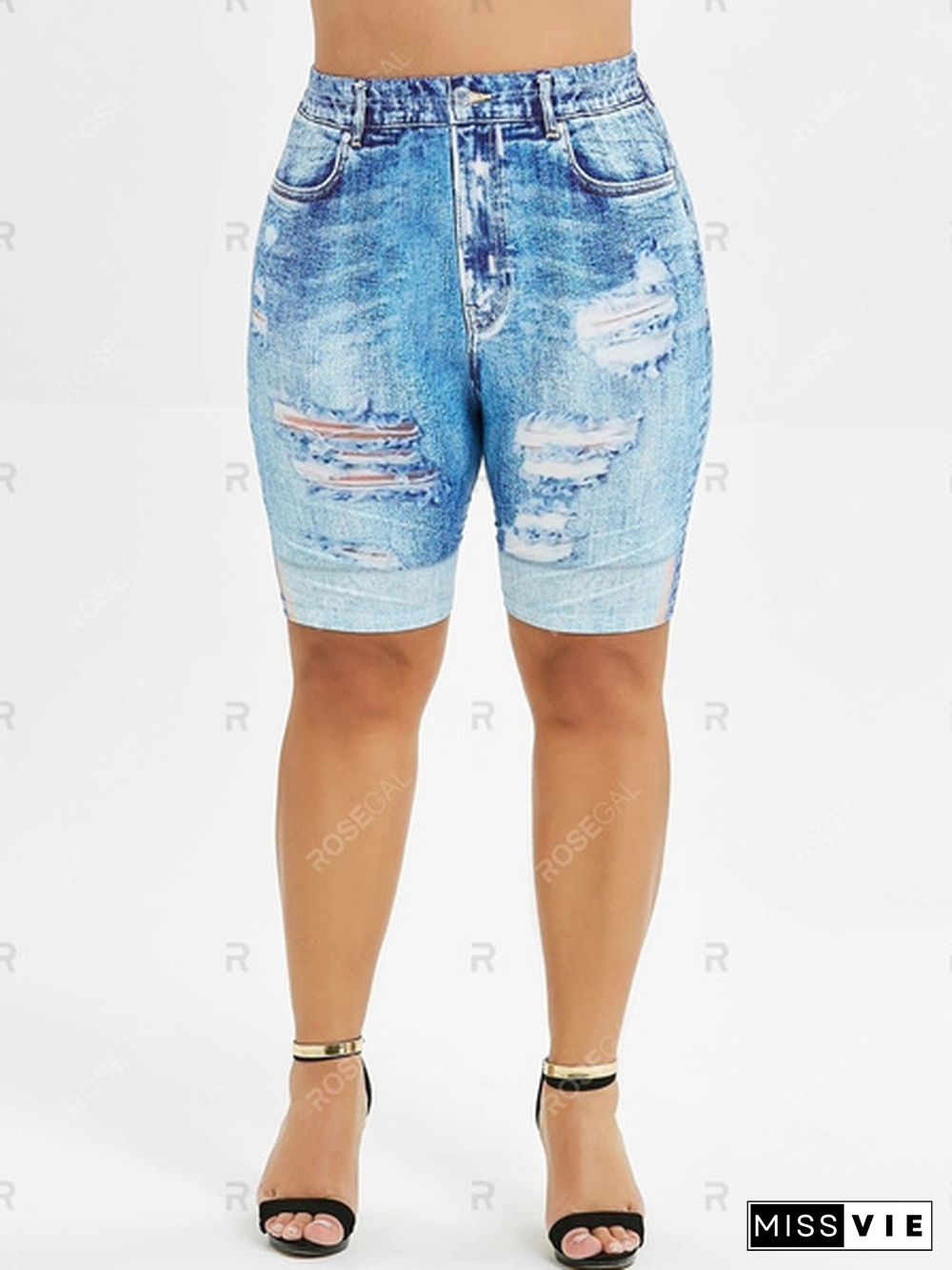 Women Fashion Shorts Ripped Skinny Faux Denim Jean Print Short Pants Plus Size