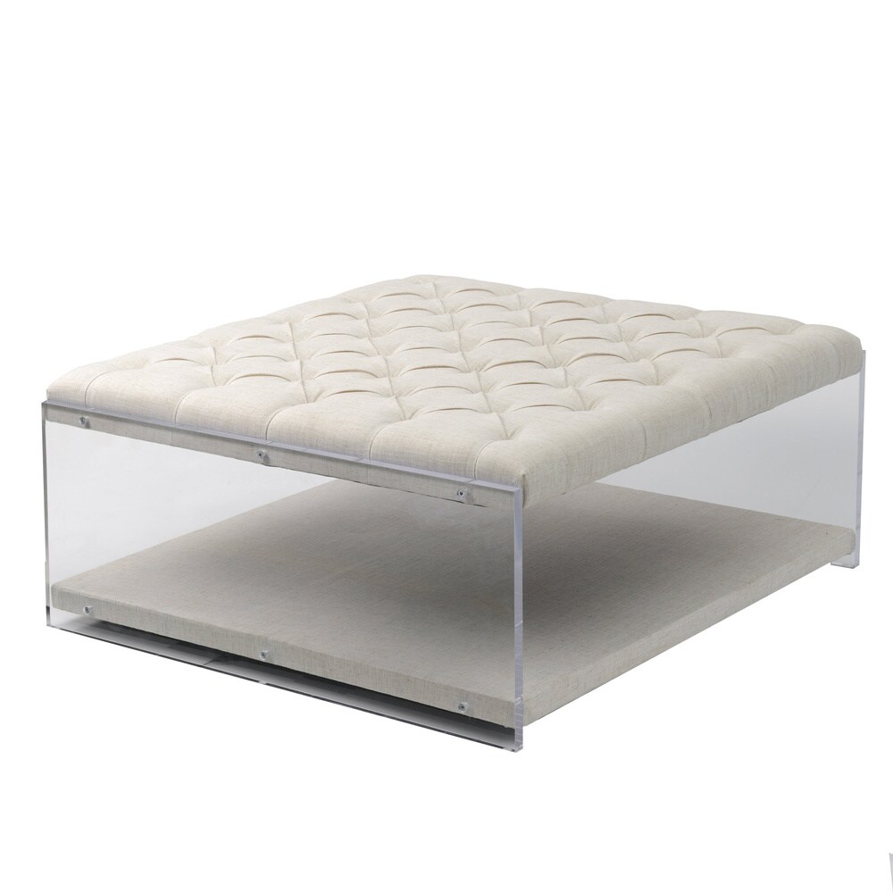 Sophia Contemporary Oversized Linen Clear Acrylic Sides Ottoman