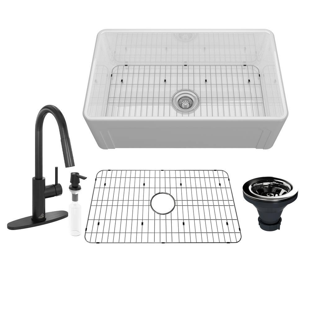 CASAINC Fireclay 30 in. Single Bowl Frame Design Reversible Installation Farmhouse Apron Kitchen Sink with Kitchen Faucet Kit KCSL0023-FW30MB