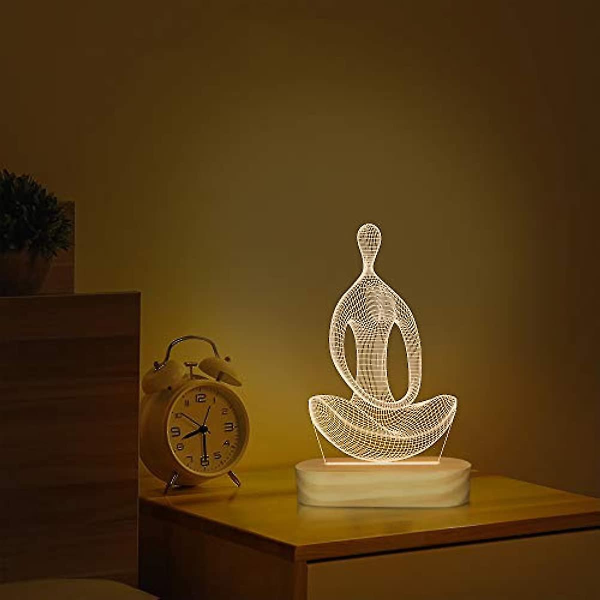 Yoga Lamp Led 3d Art Night Light For Girls Women Meditation Lovers Birthday Gifts Usb Power Warm Color Wood Base Table Lamps