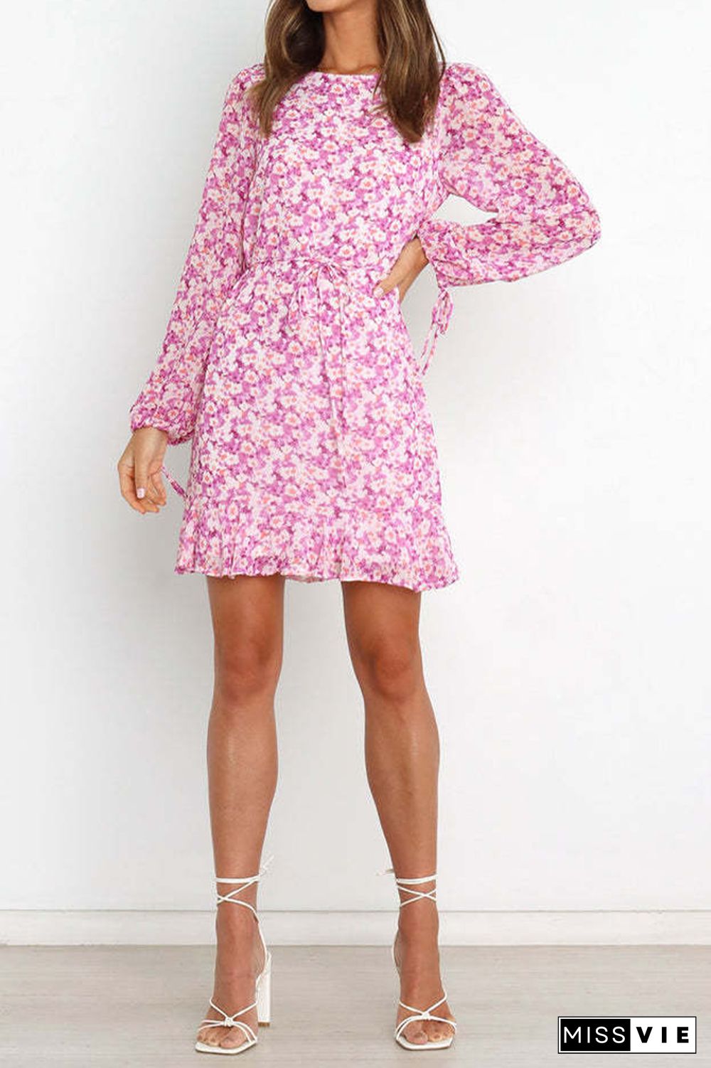 Pink Long Sleeve Flower Print Ruffle Dress