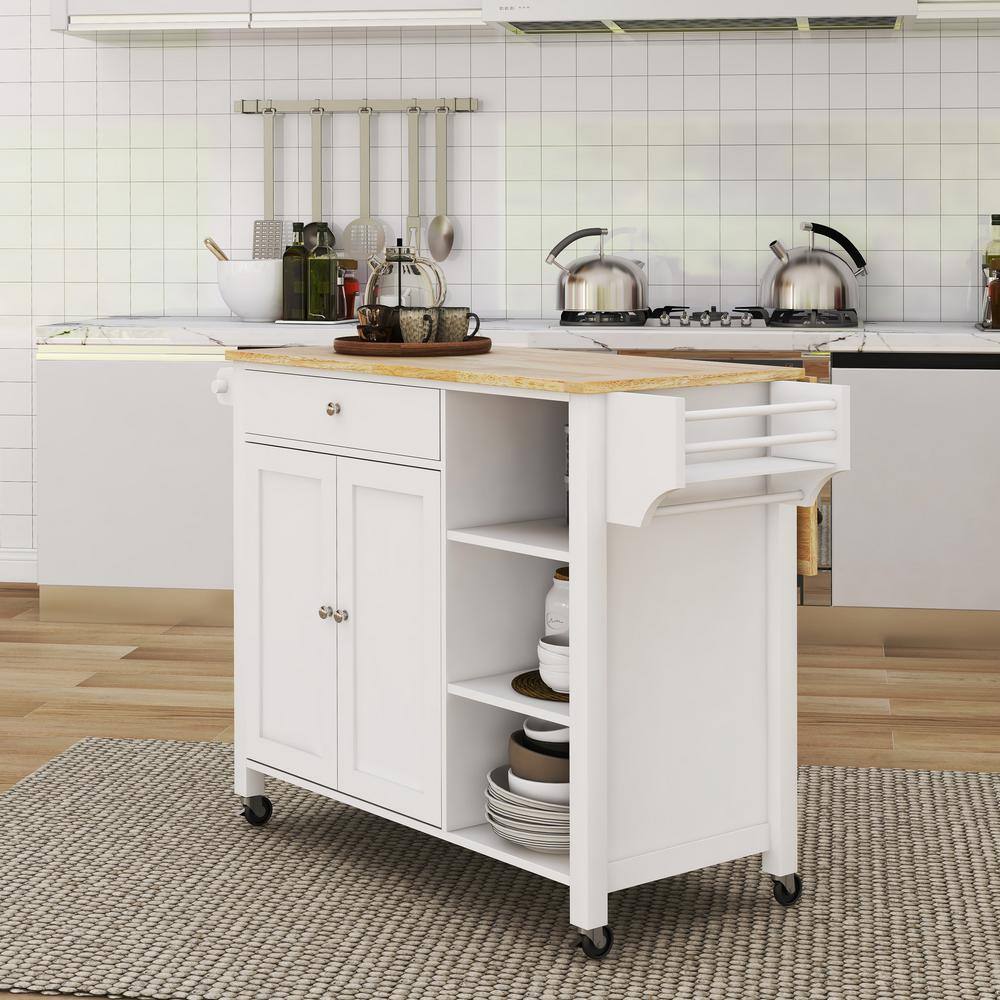 tunuo White Rolling Wood Tabletop 40 in. Kitchen Island with Lockable Wheels SFWF-282S08