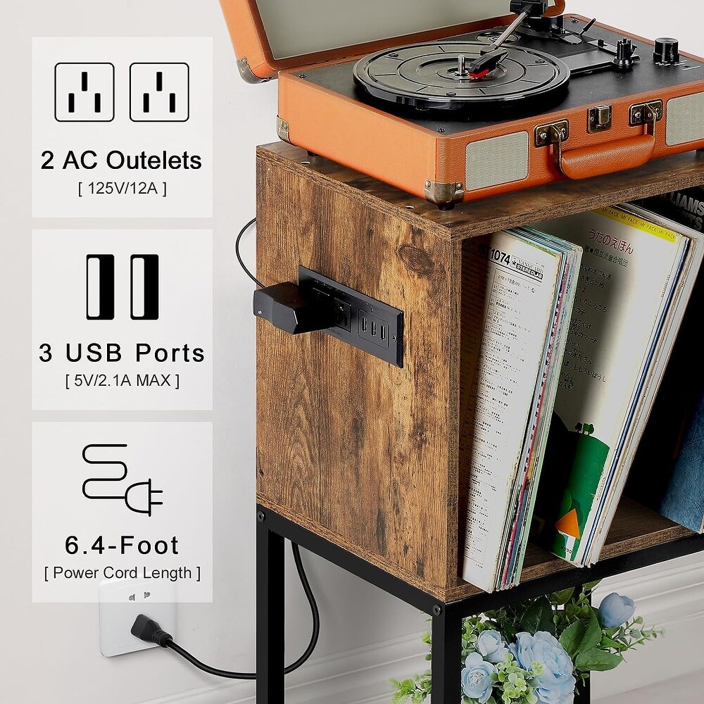 3 Tier Vinyl Record Storage Cabinet with Charging Station