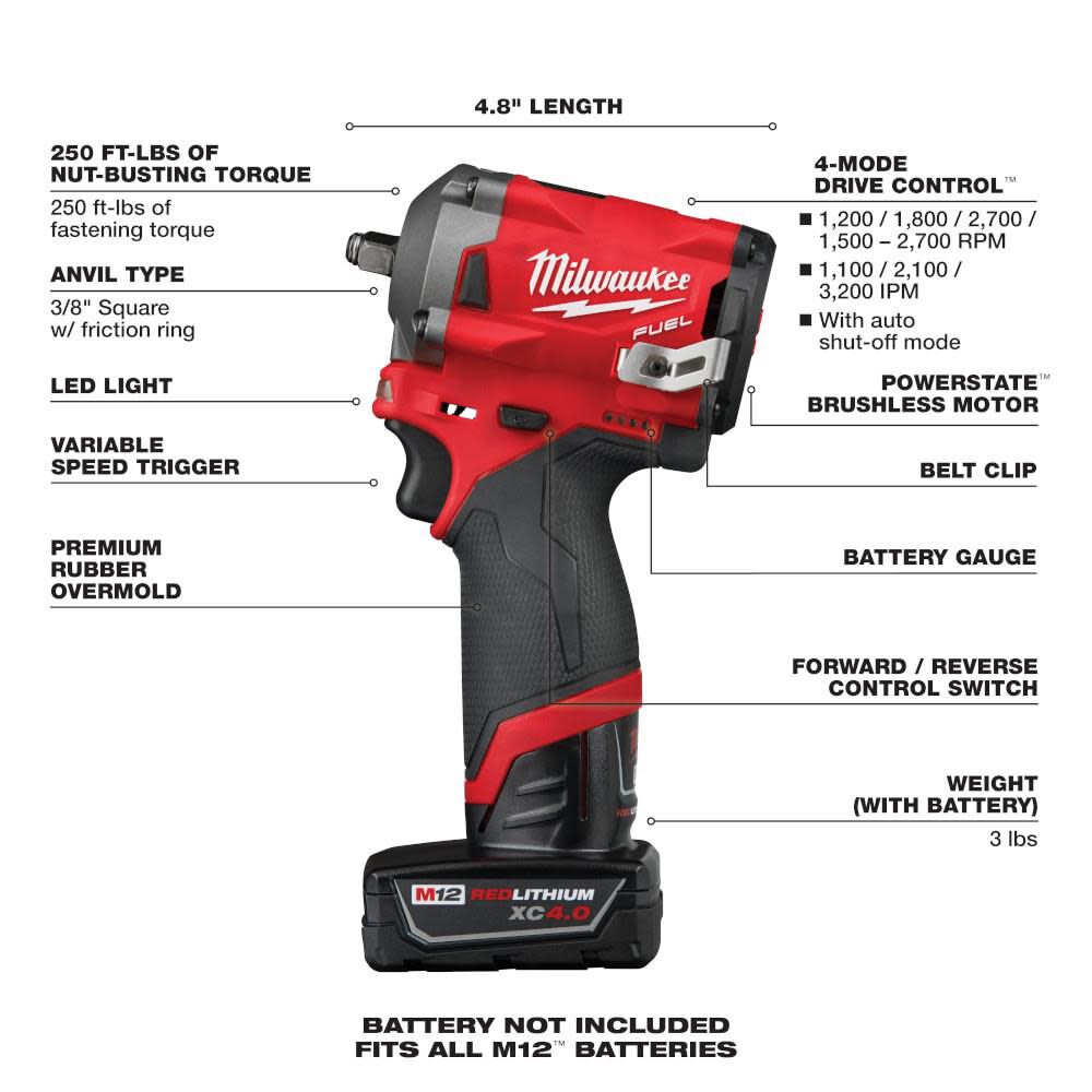 Milwaukee M12 FUEL Stubby 3/8 in. Impact Wrench Kit 2554-22 from Milwaukee