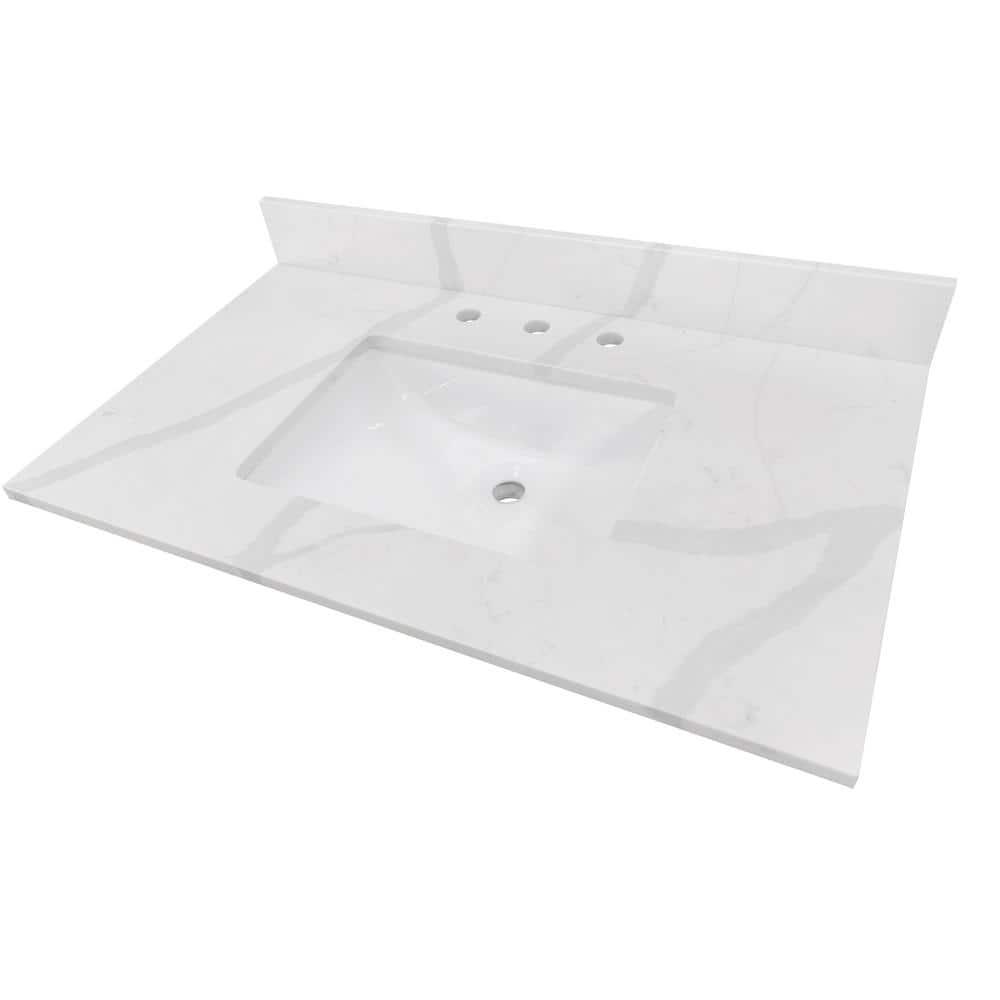 Home Decorators Collection 37 in W x 22 in D x 075 in H Quartz Vanity Top in Statuario White with White Basin