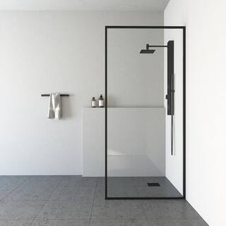 VIGO Meridian 34 in. W x 74 in. H Framed Fixed Shower Screen Door in Matte Black with 38 in. (10mm) Clear Glass VG6077MBCL3474