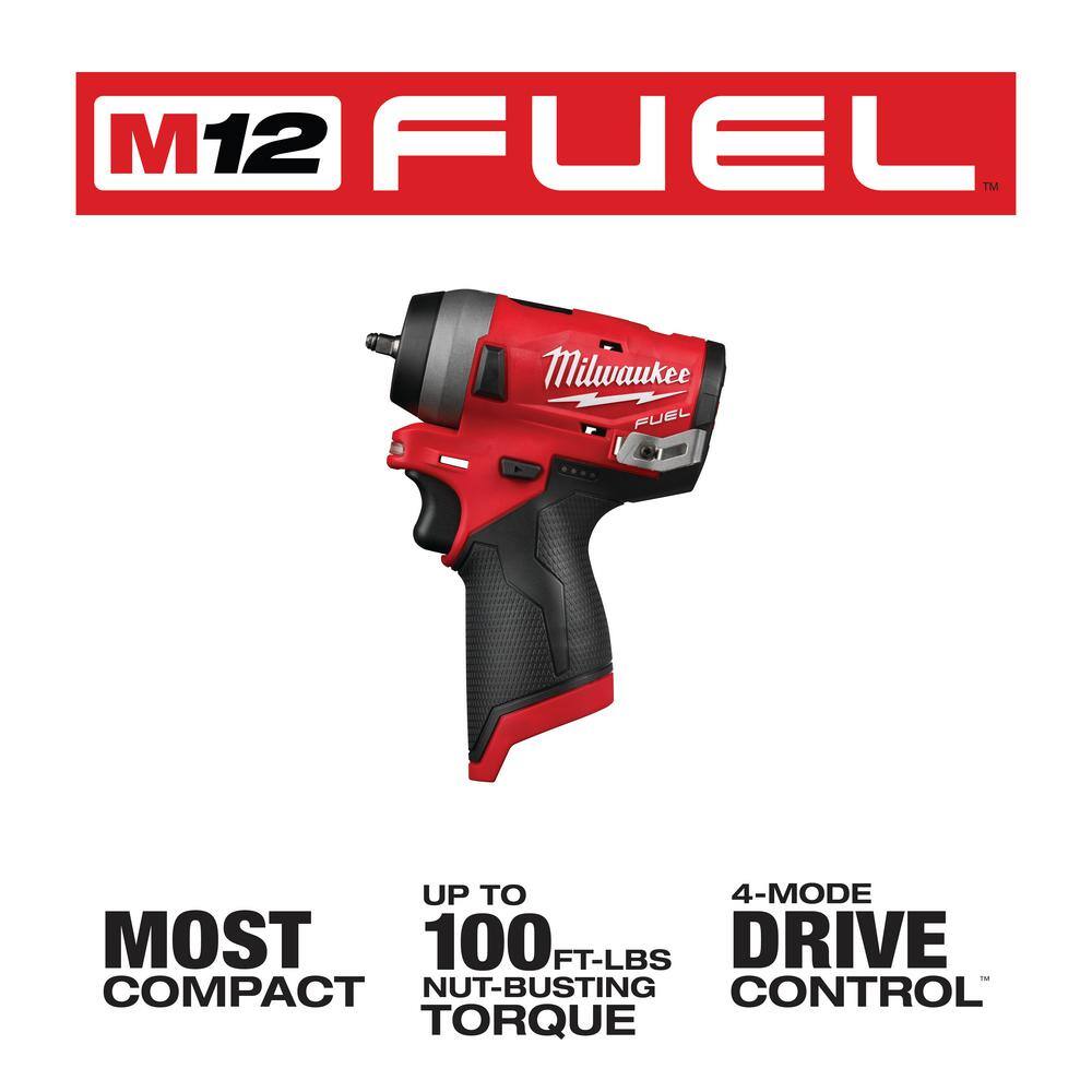 MW M12 FUEL 12V Lithium-Ion Brushless Cordless Stubby 38 in. and 12 in. Impact Wrenches with two 3.0 Ah Batteries 2554-20-2555-20-48-11-2412