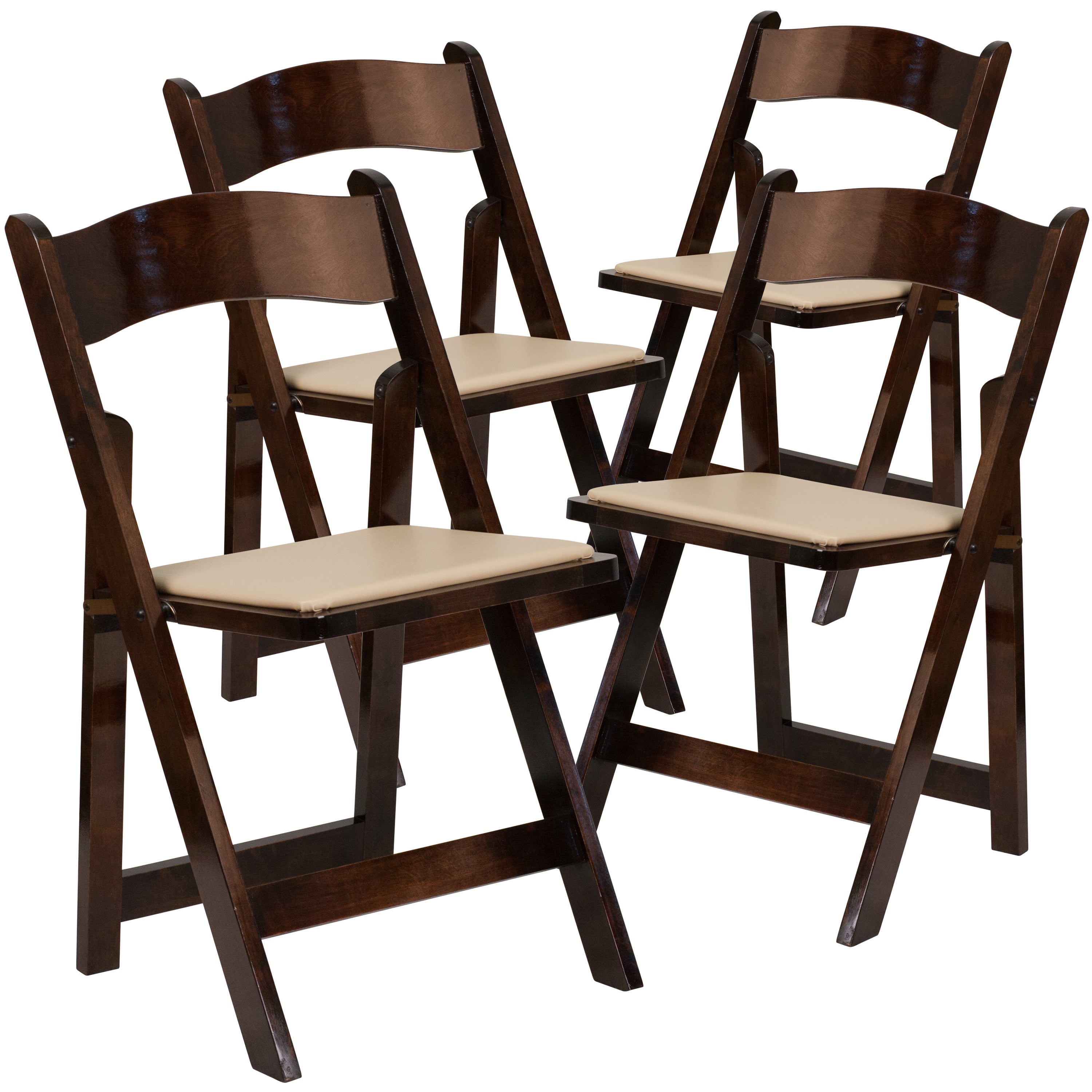 BizChair 4 Pack Fruitwood Wood Folding Chair with Vinyl Padded Seat