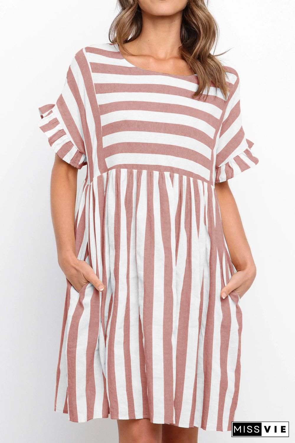 KarliDress Flounces Short Sleeved Stripes Mini Dress P12547