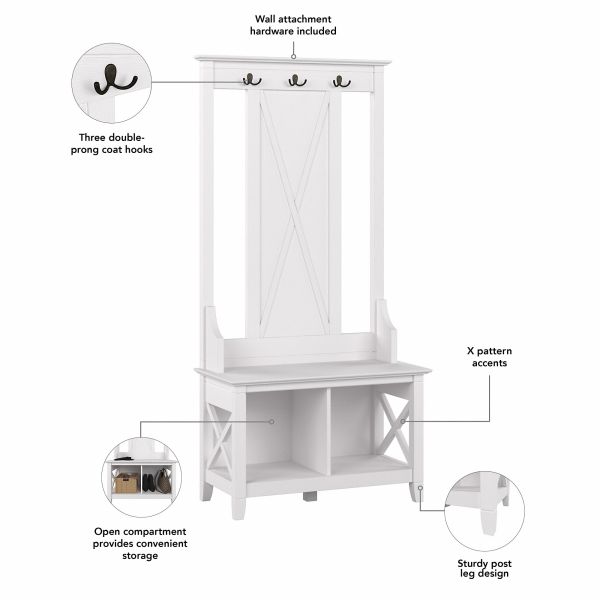 Bush Furniture Key West Entryway Storage Set with Hall Tree， Shoe Bench and Tall Cabinet in Pure White Oak