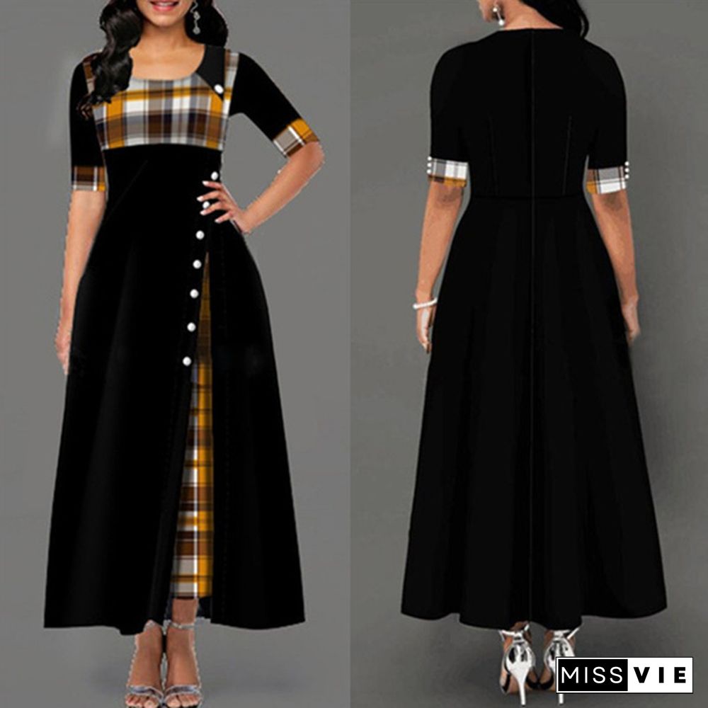 New Women Short Sleeve Plaid Print Elegant Dress Comfy Round Neck High Waist Long Skirt Retro Button Design Maxi Dress Daily Casual Dress Plus Size