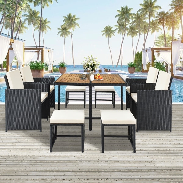 AllWeather PE Wicker Dining Table Set with Wood Tabletop for 8