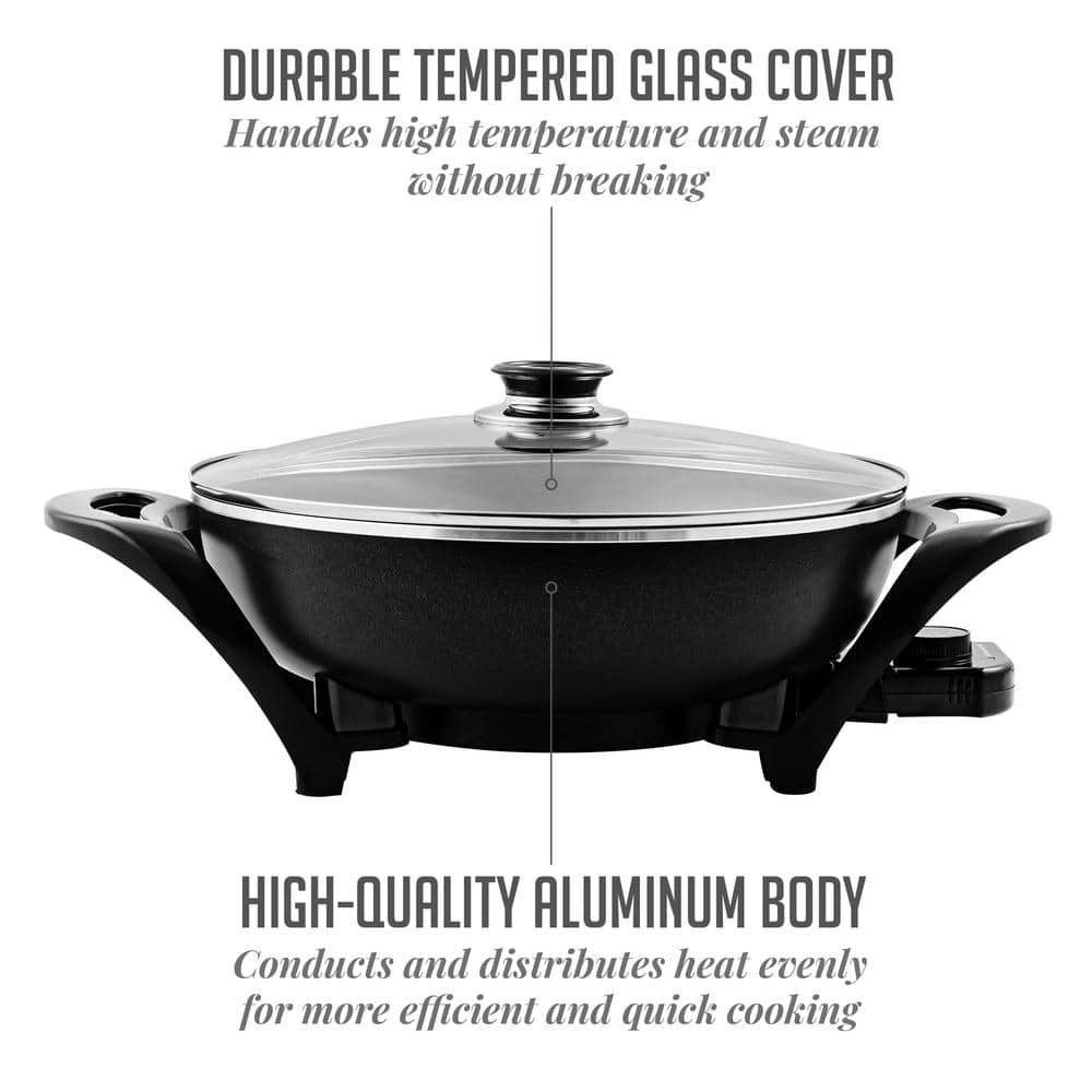 OVENTE 13 In. Black Non-Stick Electric Skillet with Aluminum Body Adjustable Temperature Controller Tempered Glass Cover SK3113B