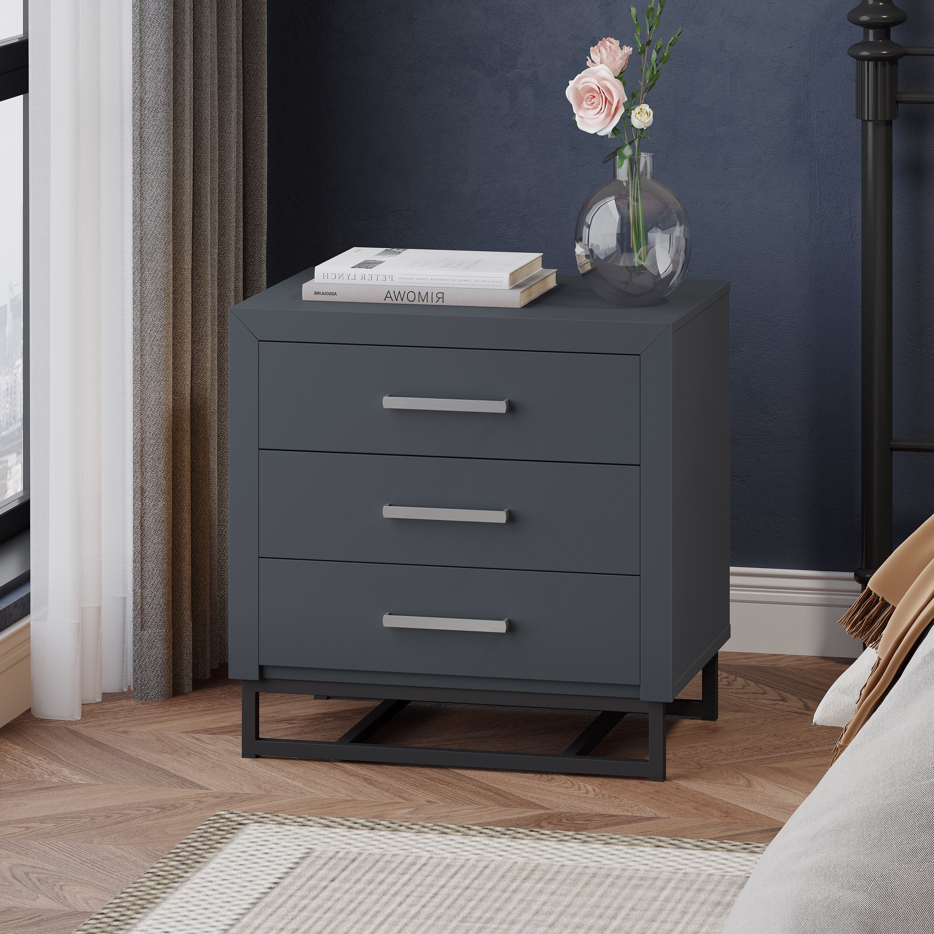 Borah Contemporary Faux Wood 3 Drawer Nightstand, Set of 2