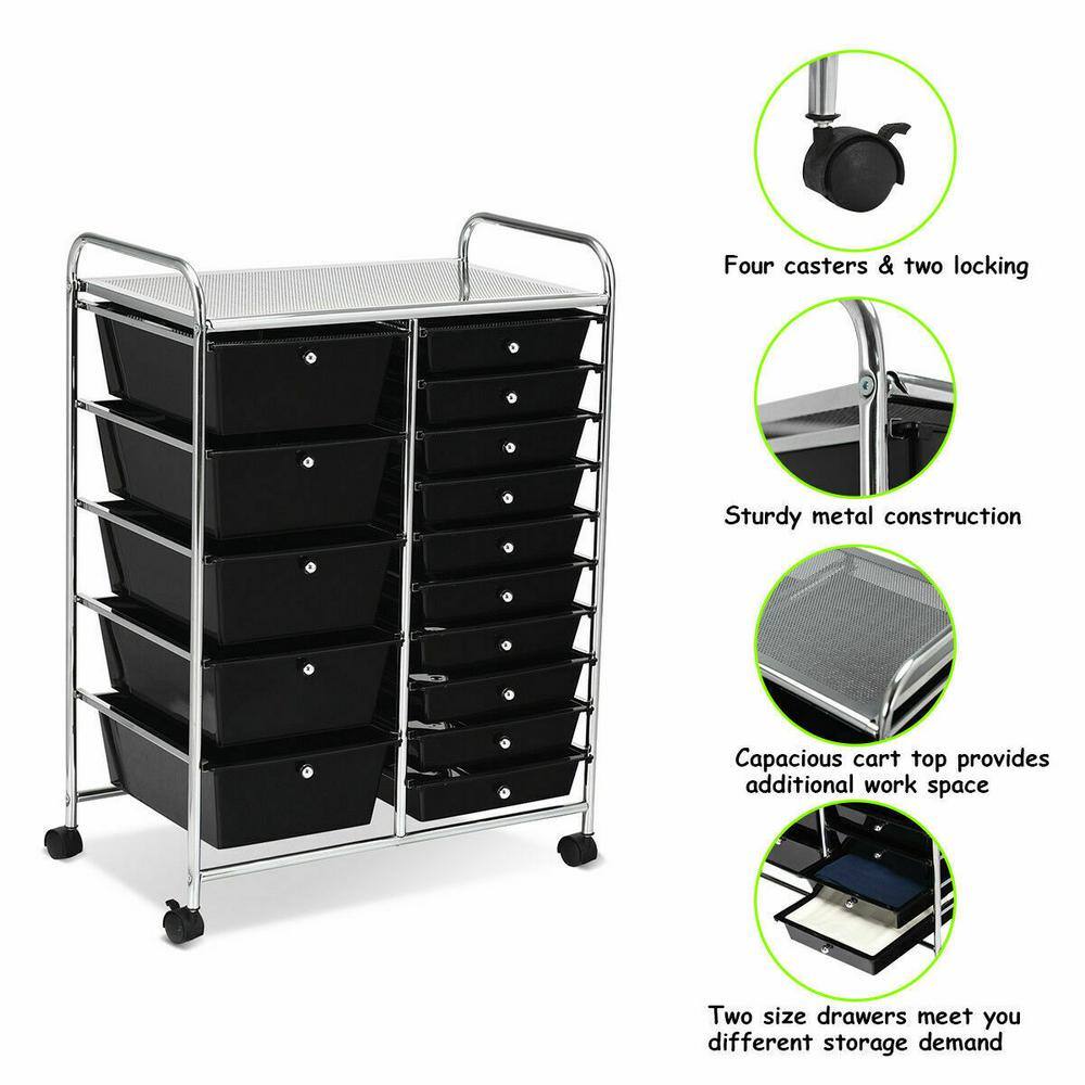 Costway 15-Drawer 4-Wheeled Rolling Storage Cart Tools Scrapbook Paper Office School Organizer in Black HW53825BK