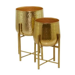 CosmoLiving by Cosmopolitan 17 in. and 19 in. Medium Gold Metal Deep Recessed Dome Planter with Removable Stand (2- Pack) 040457