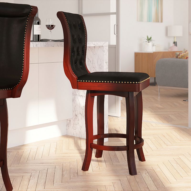 Merrick Lane Mirco Series Wood Stool in with Button Tufted Faux Leather Seat and Back and Footrest