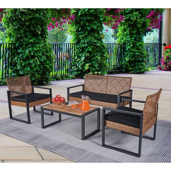 4Piece Acacia Wood Table Top Patio Furniture Conversation Set for Balcony Porch Garden Backyard Lawn