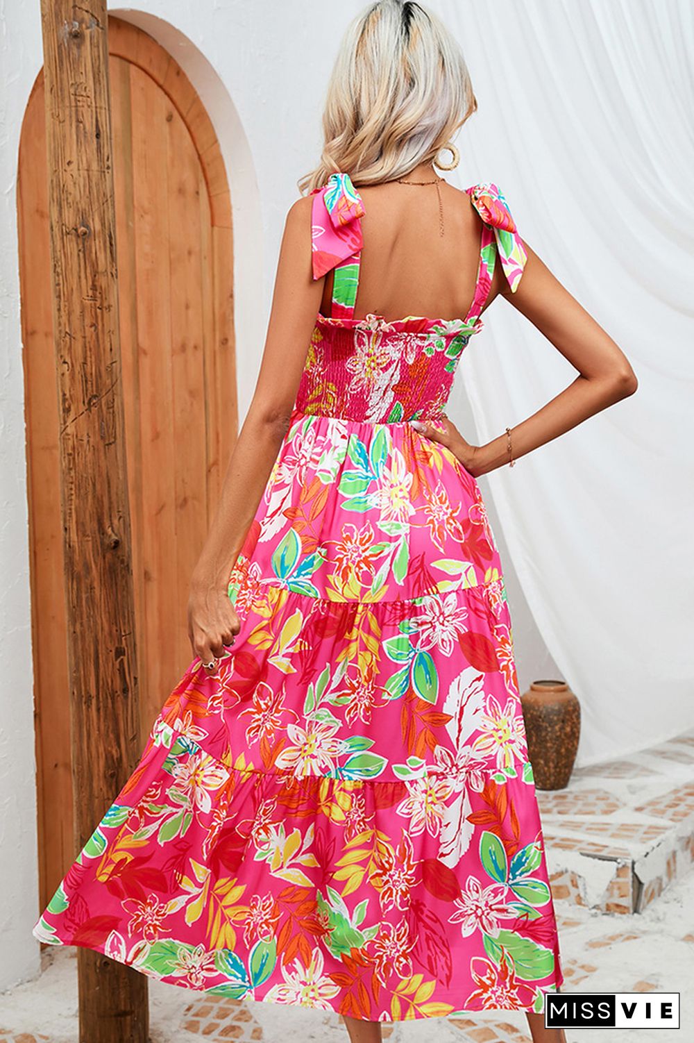 Smocked Tie Strap Tiered Floral Maxi Dress