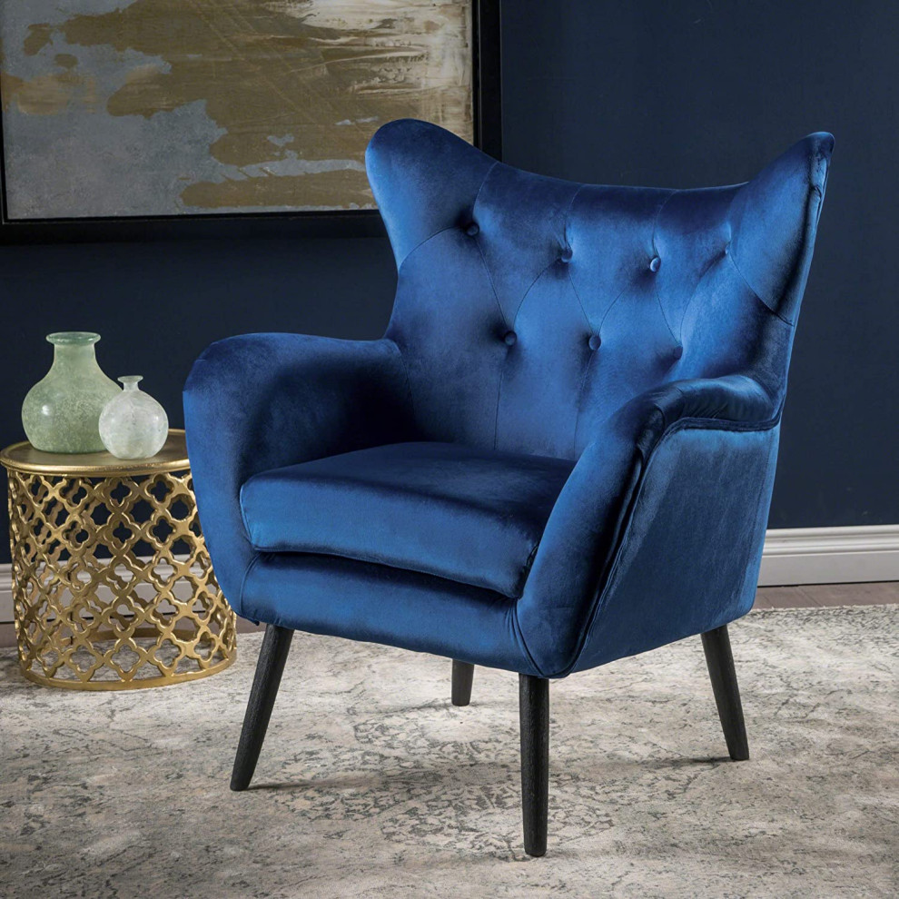 Mid Century Armchair  Velvet Padded Seat With Button Tufted Back  Navy Blue   Contemporary   Armchairs And Accent Chairs   by Declusia  Houzz