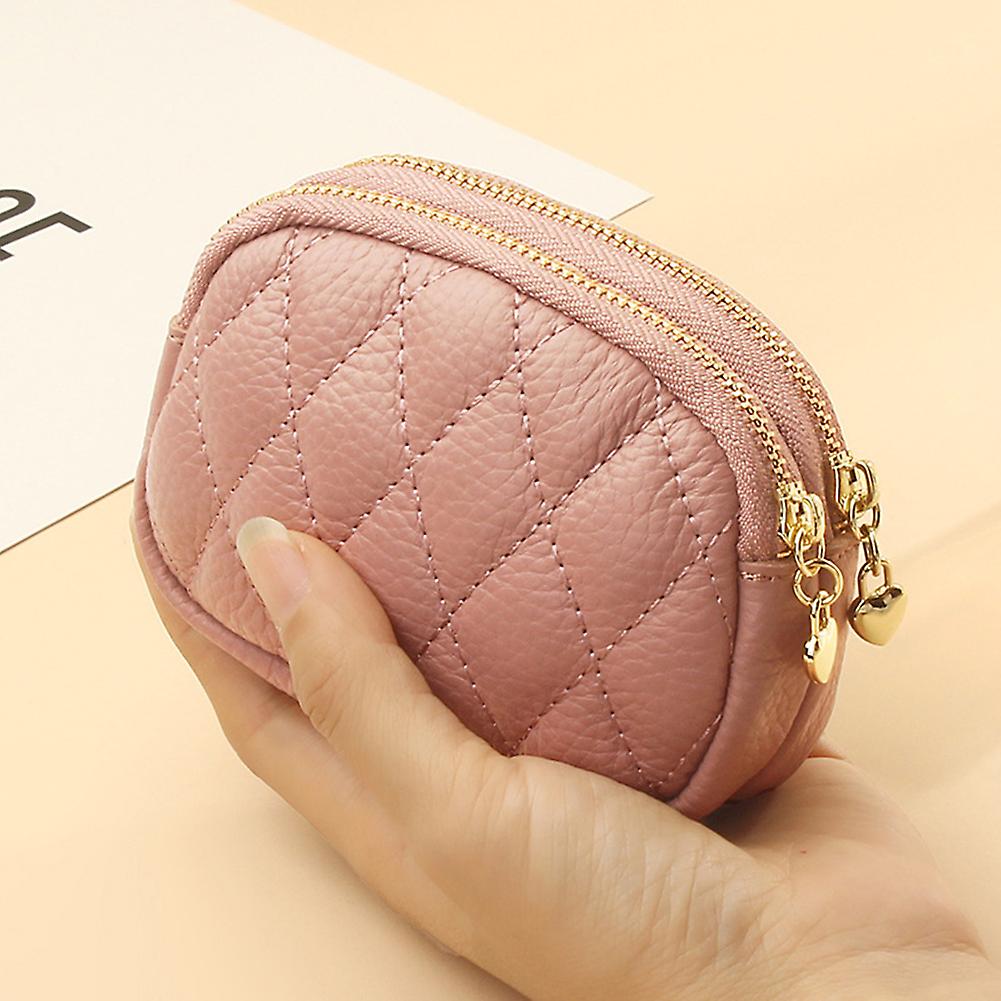 Soft Leather Coin Purse Quilted Blocking Top Double Zipper Wallet With Key Chain Key Coin Lipstick Storage Bag Black