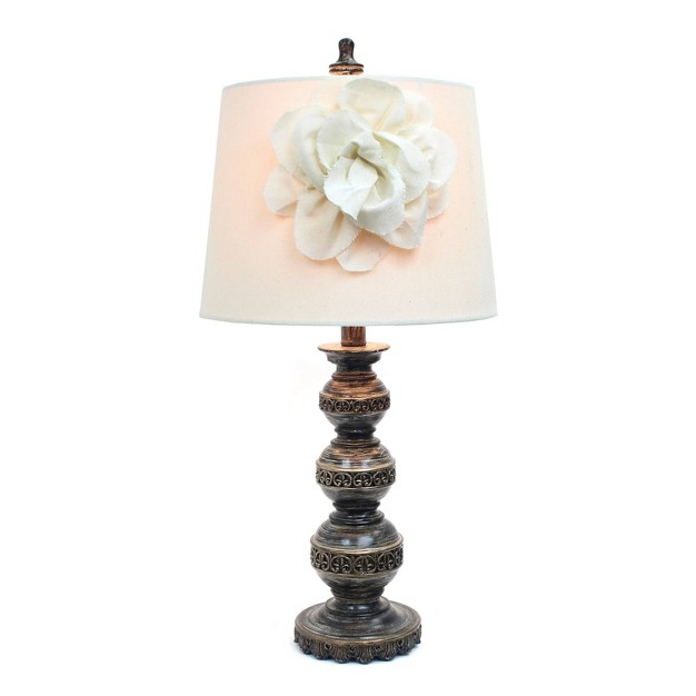 Aged Stacked Ball Table Lamp With Couture Linen Flower Shade White Elegant Designs