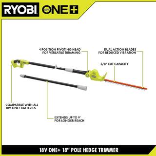 RYOBI ONE+ 18V 18 in. Cordless Battery Pole Hedge Trimmer with 2.0 Ah Battery and Charger P26100