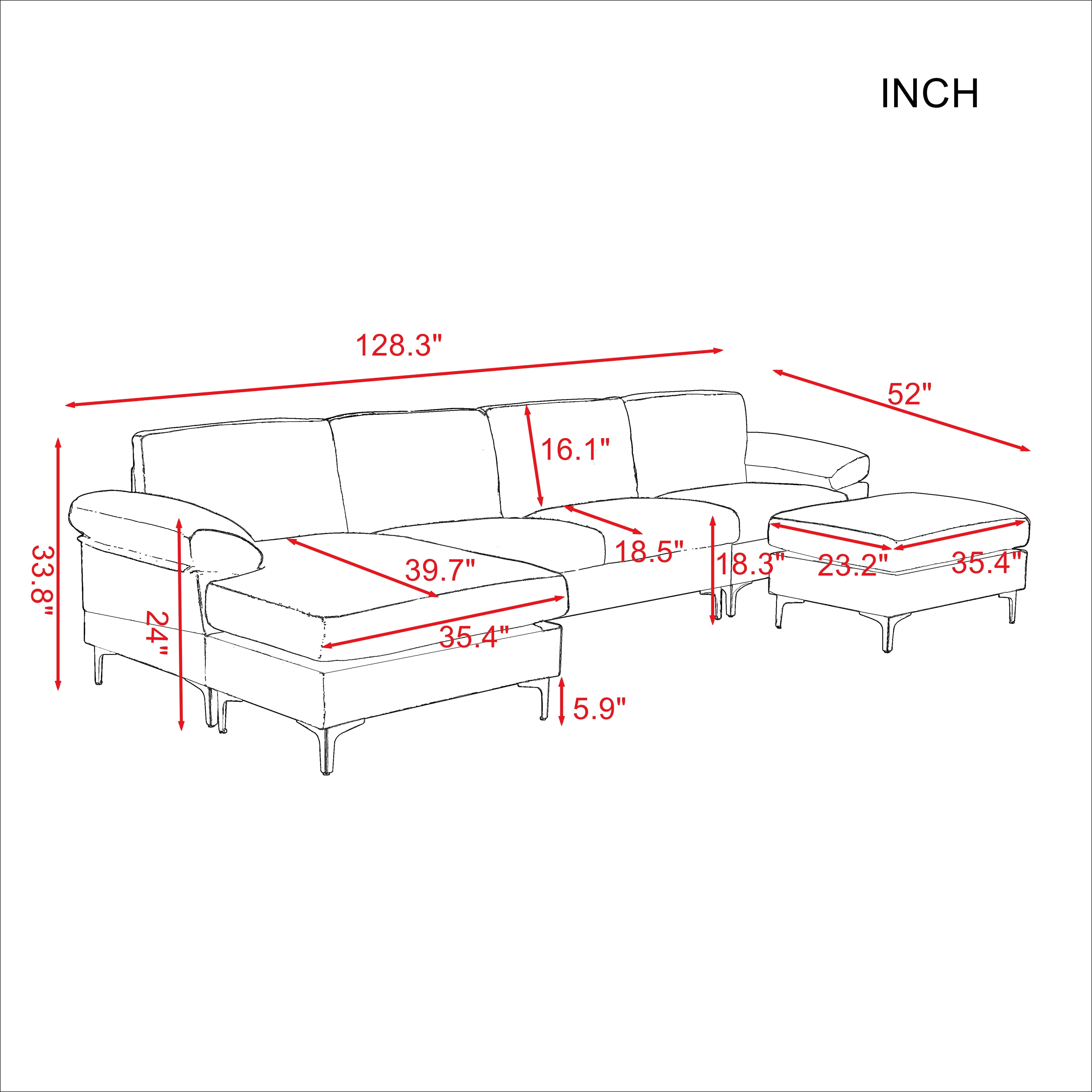 BSHTI 128.3”Convertible Fabric Symmetrical Sectional Sofa with Ottoman，6 Seater Couch for Living Room