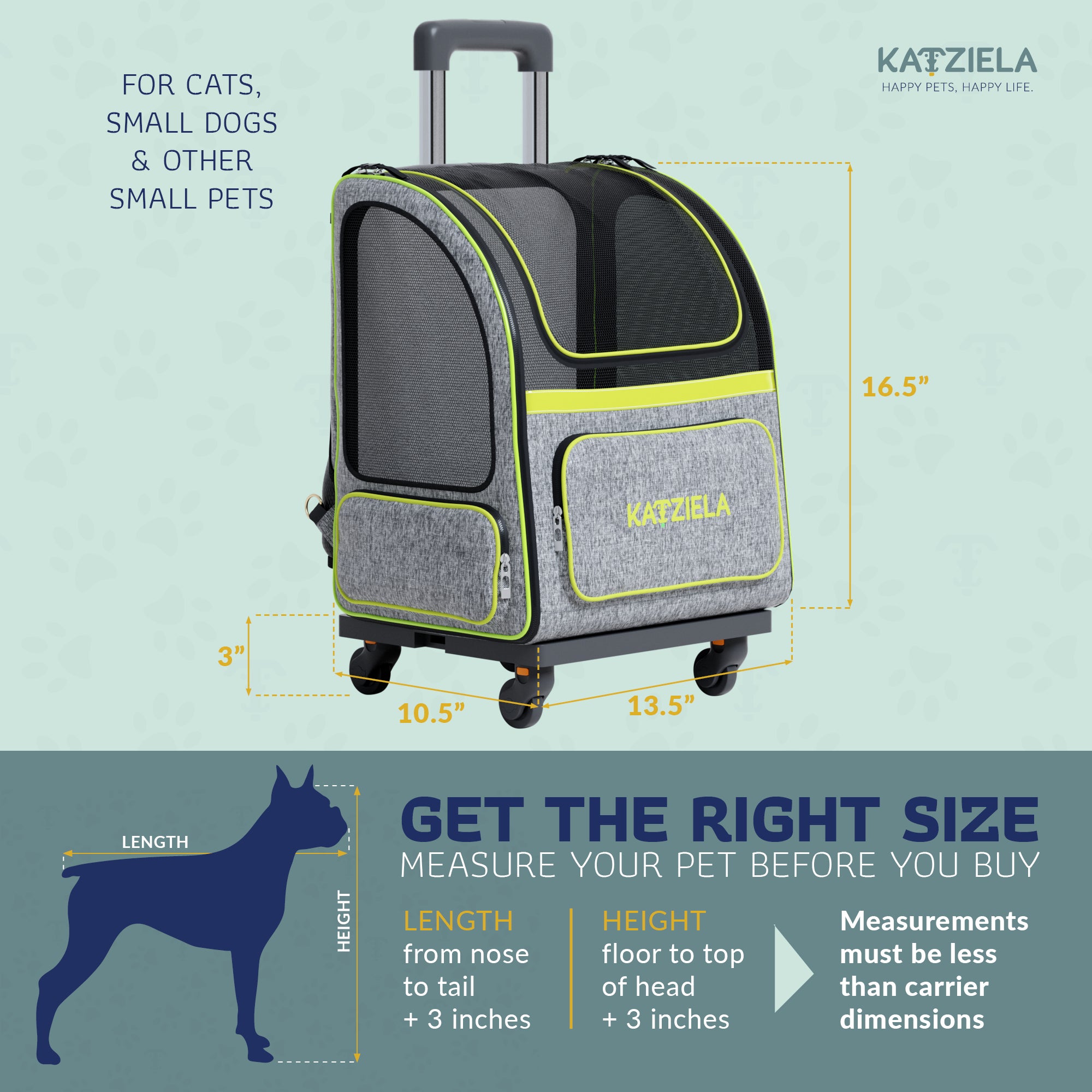 Katziela Wheeled Pet Carrier Backpack， Airline Approved， Gray and Green