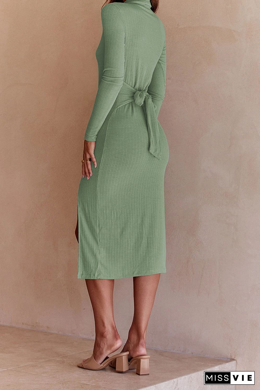 Button Down Split Knit Long Sleeves Midi Dress