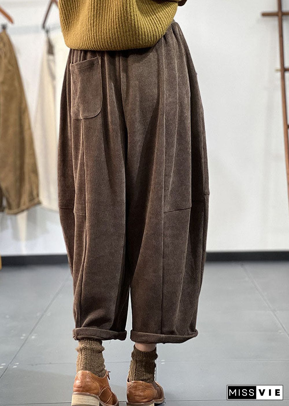 Italian Chocolate Elastic Waist Oversized Pockets Patchwork Corduroy Harem Pants Trousers Winter