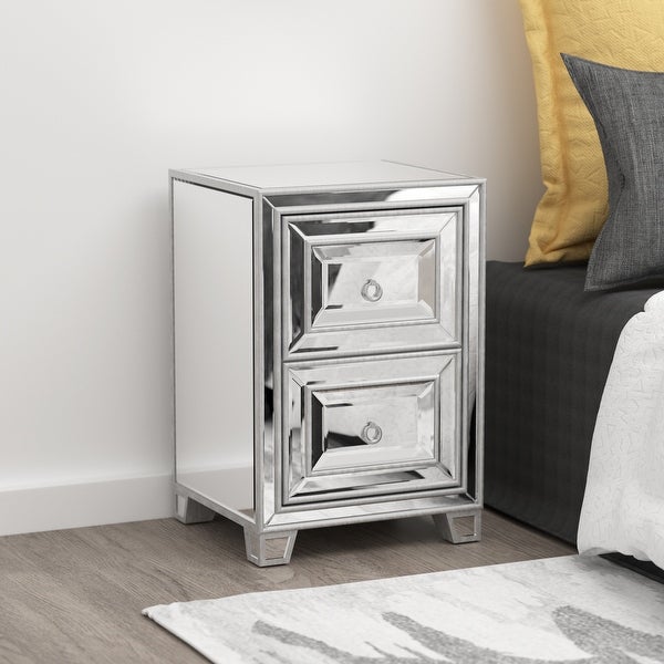 Mirrored Nightstand with 2 Drawers， Silver Side Table， Antique Painted End Table for Bedroom Living Room - - 37569442