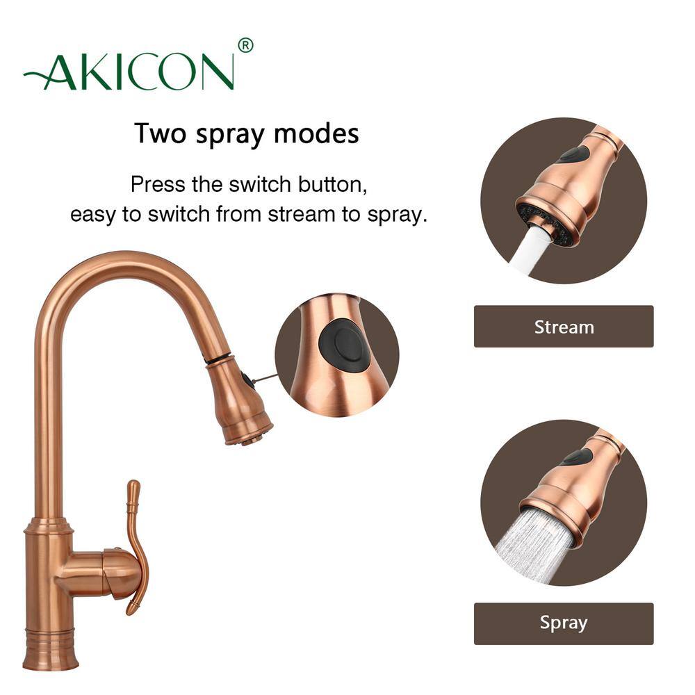 Akicon Single-Handle Pull-Down Sprayer Kitchen Faucet in Copper AK415C